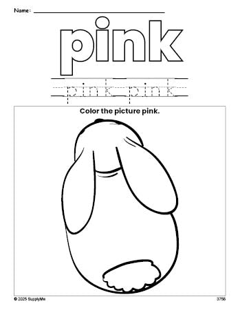 Free rabbit color pink coloring page and color worksheet, pink worksheet for preschoolers to learn colors, printable PDF