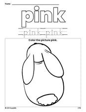 Free rabbit color pink coloring page and color worksheet, pink worksheet for preschoolers to learn colors, printable PDF