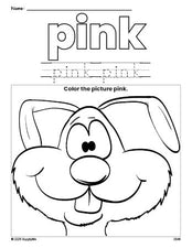 Free rabbit color pink coloring page and color worksheet, pink worksheet for preschoolers to learn colors, printable PDF