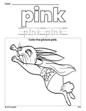 Free rabbit color pink coloring page and color worksheet, pink worksheet for preschoolers to learn colors, printable PDF