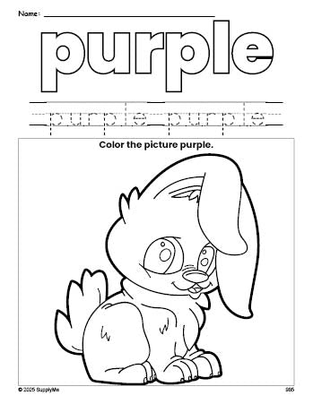 Free rabbit color purple coloring page and color worksheet, purple worksheet for preschoolers to learn colors, printable PDF