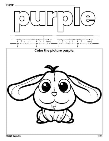 Free rabbit color purple coloring page and color worksheet, purple worksheet for preschoolers to learn colors, printable PDF