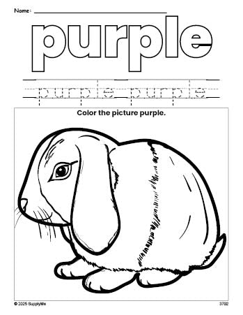 Free rabbit color purple coloring page and color worksheet, purple worksheet for preschoolers to learn colors, printable PDF