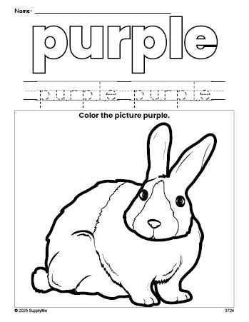 Free rabbit color purple coloring page and color worksheet, purple worksheet for preschoolers to learn colors, printable PDF