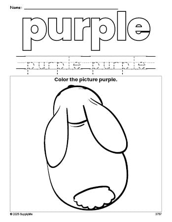 Free rabbit color purple coloring page and color worksheet, purple worksheet for preschoolers to learn colors, printable PDF