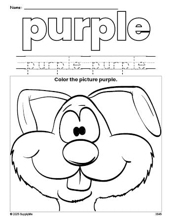 Free rabbit color purple coloring page and color worksheet, purple worksheet for preschoolers to learn colors, printable PDF