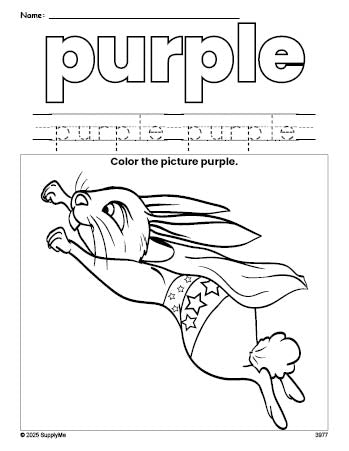 Free rabbit color purple coloring page and color worksheet, purple worksheet for preschoolers to learn colors, printable PDF