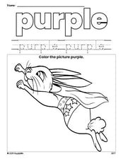 Free rabbit color purple coloring page and color worksheet, purple worksheet for preschoolers to learn colors, printable PDF