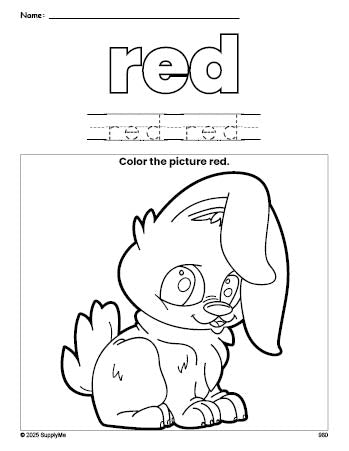 Free rabbit color red coloring page and color worksheet, red worksheet for preschoolers to learn colors, printable PDF