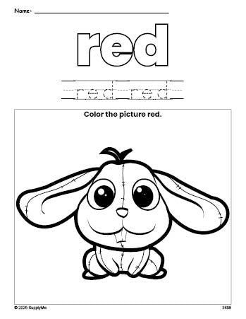 Free rabbit color red coloring page and color worksheet, red worksheet for preschoolers to learn colors, printable PDF