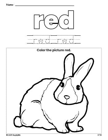 Free rabbit color red coloring page and color worksheet, red worksheet for preschoolers to learn colors, printable PDF