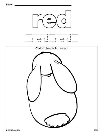 Free rabbit color red coloring page and color worksheet, red worksheet for preschoolers to learn colors, printable PDF