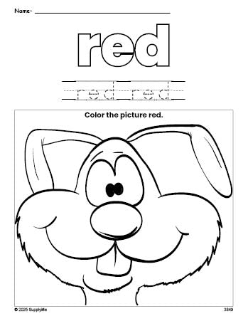 Free rabbit color red coloring page and color worksheet, red worksheet for preschoolers to learn colors, printable PDF