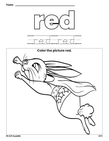 Free rabbit color red coloring page and color worksheet, red worksheet for preschoolers to learn colors, printable PDF