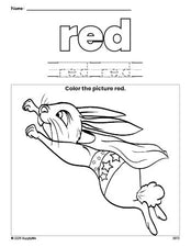 Free rabbit color red coloring page and color worksheet, red worksheet for preschoolers to learn colors, printable PDF