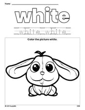 Free rabbit color white coloring page and color worksheet, white worksheet for preschoolers to learn colors, printable PDF