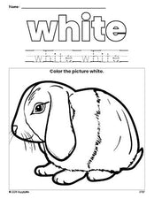 Free rabbit color white coloring page and color worksheet, white worksheet for preschoolers to learn colors, printable PDF