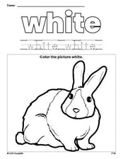 Free rabbit color white coloring page and color worksheet, white worksheet for preschoolers to learn colors, printable PDF