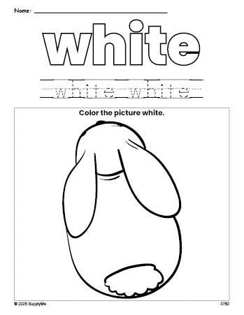 Free rabbit color white coloring page and color worksheet, white worksheet for preschoolers to learn colors, printable PDF