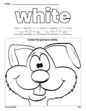 Free rabbit color white coloring page and color worksheet, white worksheet for preschoolers to learn colors, printable PDF