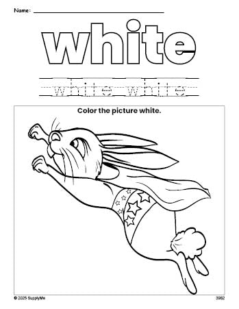 Free rabbit color white coloring page and color worksheet, white worksheet for preschoolers to learn colors, printable PDF