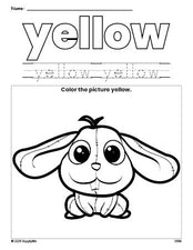 Free rabbit color yellow coloring page and color worksheet, yellow worksheet for preschoolers to learn colors, printable PDF