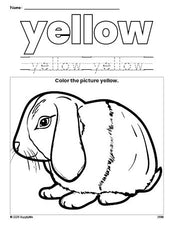 Free rabbit color yellow coloring page and color worksheet, yellow worksheet for preschoolers to learn colors, printable PDF