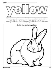 Free rabbit color yellow coloring page and color worksheet, yellow worksheet for preschoolers to learn colors, printable PDF