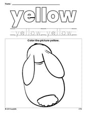 Free rabbit color yellow coloring page and color worksheet, yellow worksheet for preschoolers to learn colors, printable PDF