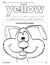 Free rabbit color yellow coloring page and color worksheet, yellow worksheet for preschoolers to learn colors, printable PDF