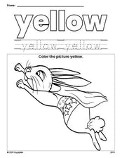 Free rabbit color yellow coloring page and color worksheet, yellow worksheet for preschoolers to learn colors, printable PDF