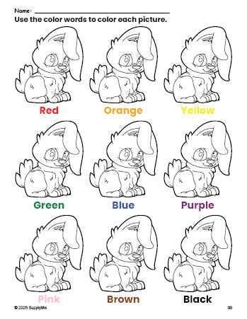 Free rabbit coloring page and color worksheet for preschoolers to learn colors, printable PDF