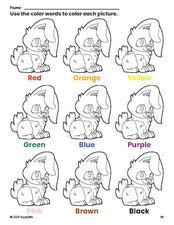 Free rabbit coloring page and color worksheet for preschoolers to learn colors, printable PDF