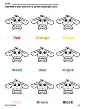 Free rabbit coloring page and color worksheet for preschoolers to learn colors, printable PDF