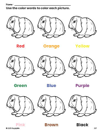 Free rabbit coloring page and color worksheet for preschoolers to learn colors, printable PDF