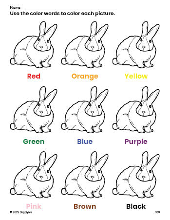 Free rabbit coloring page and color worksheet for preschoolers to learn colors, printable PDF