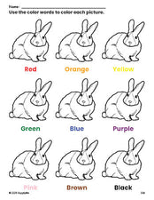 Free rabbit coloring page and color worksheet for preschoolers to learn colors, printable PDF