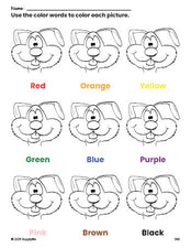 Free rabbit coloring page and color worksheet for preschoolers to learn colors, printable PDF