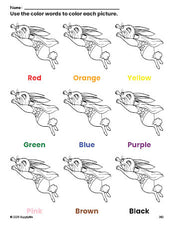 Free rabbit coloring page and color worksheet for preschoolers to learn colors, printable PDF