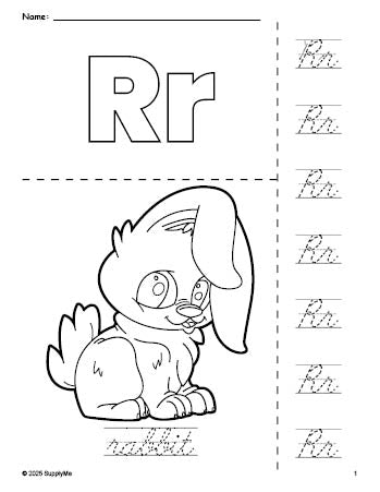 Free printable rabbit coloring page and cursive letter tracing worksheet, letter r worksheet for preschool, pre-k, and kindergarten, PDF