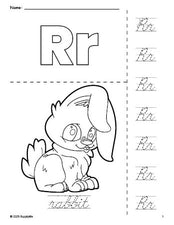 Free printable rabbit coloring page and cursive letter tracing worksheet, letter r worksheet for preschool, pre-k, and kindergarten, PDF