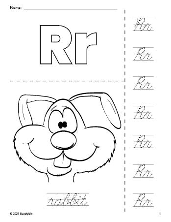 Free printable rabbit coloring page and cursive letter tracing worksheet, letter r worksheet for preschool, pre-k, and kindergarten, PDF