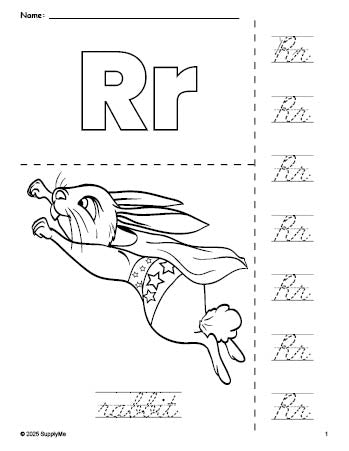 Free printable rabbit coloring page and cursive letter tracing worksheet, letter r worksheet for preschool, pre-k, and kindergarten, PDF