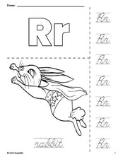 Free printable rabbit coloring page and cursive letter tracing worksheet, letter r worksheet for preschool, pre-k, and kindergarten, PDF