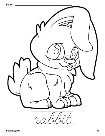 Free printable rabbit coloring page and cursive word tracing worksheet, perfect for preschool, pre-k, and kindergarten, PDF