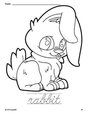 Free printable rabbit coloring page and cursive word tracing worksheet, perfect for preschool, pre-k, and kindergarten, PDF