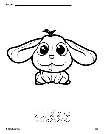 Free printable rabbit coloring page and cursive word tracing worksheet, perfect for preschool, pre-k, and kindergarten, PDF