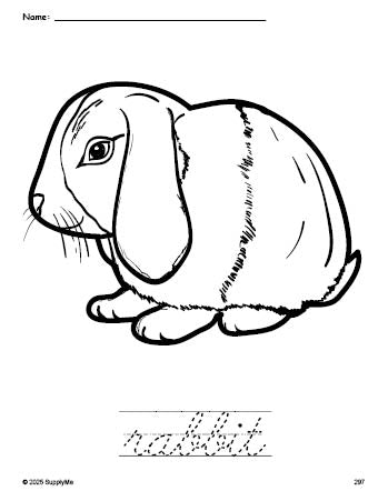 Free printable rabbit coloring page and cursive word tracing worksheet, perfect for preschool, pre-k, and kindergarten, PDF