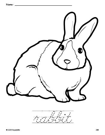 Free printable rabbit coloring page and cursive word tracing worksheet, perfect for preschool, pre-k, and kindergarten, PDF