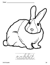 Free printable rabbit coloring page and cursive word tracing worksheet, perfect for preschool, pre-k, and kindergarten, PDF